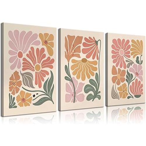LBARTXY 3Pcs Boho Flowers Canvas Wall Art Abstract Botanical Floral Wall Decor Pictures Neutral Minimalist Terracotta Plant Prints for Living room Bedroom Decoration 12x16in