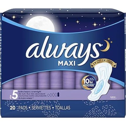 Always Maxi, Size 5, Extra Heavy Overnight Pads With Wings, Unscented, 20 Count