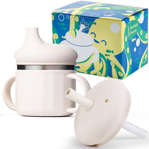 Jumble Dream Stainless Steel and Silicon Sippy Cup Baby Sippy Cup, Training Kids Cups with Silicon Straw, Toddler Tumbler with Spill Proof Straw |Sippy Cup for Toddlers 1-3 Years| BPA Free (Cream)