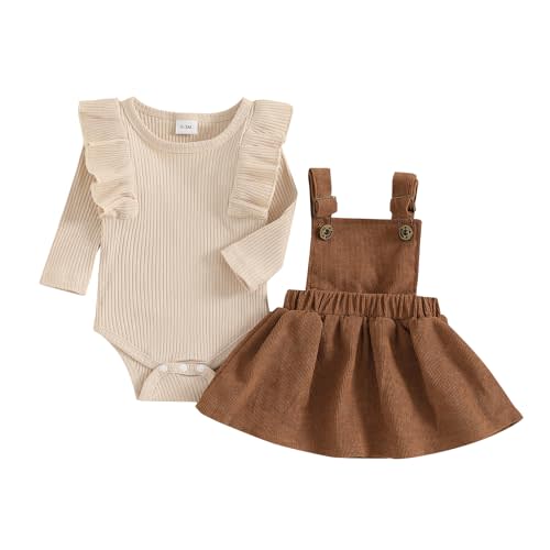 Newborn Baby Girl Dress Ruffle Long Sleeve Ribbed Romper Corduroy Suspender Skirt Overall Dress Fall Clothes