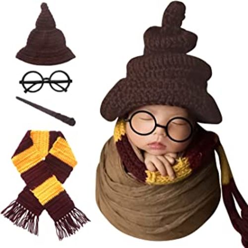 Newborn Photography Props Halloween Wizard Witch Hat Scarf Wand Glasses Frame 4 PCS Set Crochet Baby Photo Prop Halloween Baby Photoshoot Props Halloween Magic Party Cosplay Set