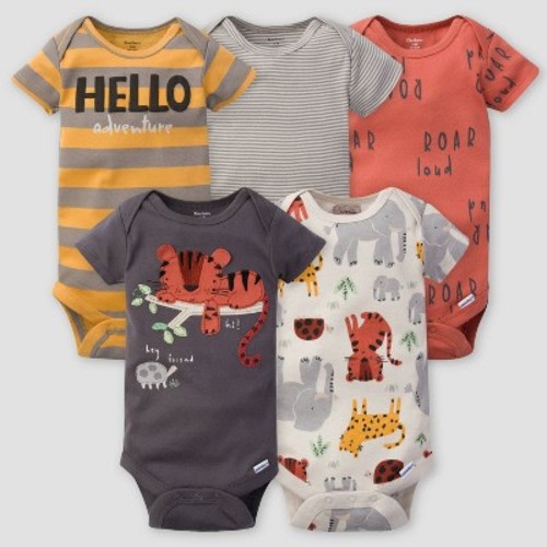 Gerber Baby Boys' 5pk Safari Short Sleeve Onesies - Orange/Gray