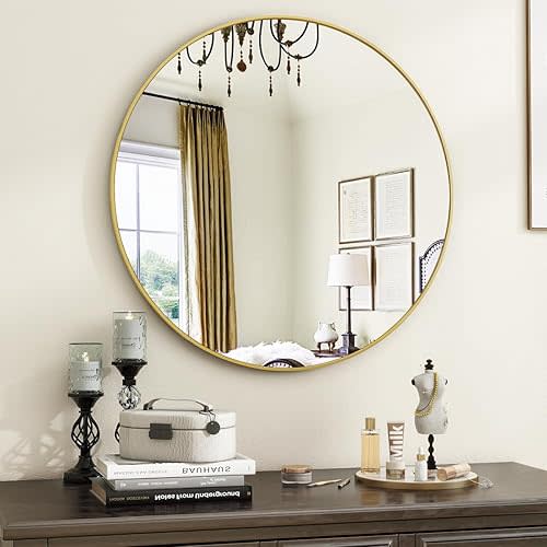 Gold Round Bathroom Mirror, 20 inch Circle Wall Mounted Hanging Mirror with Simple Modern Circular Metal Frame for Hallway, Entryway, Living Room, Gold Frame