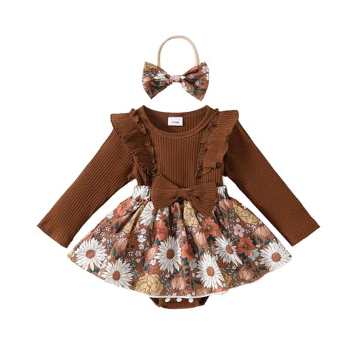 Douhoow Baby Girl Fall Outfit Infant Baby Girl Romper Dress Baby Girl Floral Romper Festival Clothes with Headband