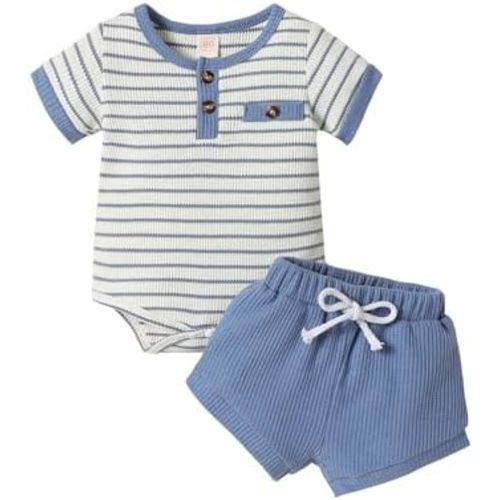 Newborn Baby Boy Summer Clothes Striped Waffle Short Sleeve Romper and Shorts Set Infant Knit Outfit