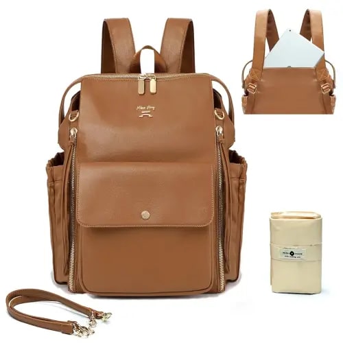 miss fong Diaper Bag Backpack Baby Diaper Bag for Girls and Boys, Leather Purse with 13 Pockets Diaper Bag Organizer,Changing Pad,Stroller Straps,4 Insulated Pockets