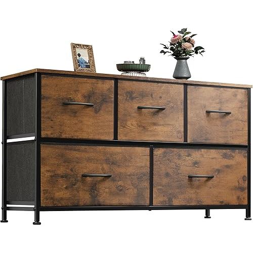 WLIVE Dresser for Bedroom with 5 Drawers, Wide Chest of Drawers, Fabric Dresser, Storage Organizer Unit with Fabric Bins for Closet, Living Room, Hallway, Rustic Brown Wood Grain Print