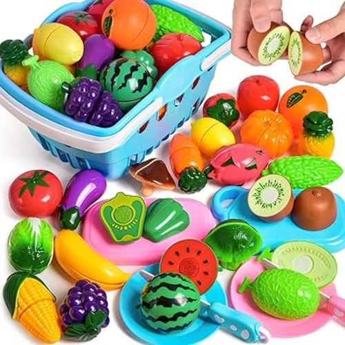 53 PCs Play Food for Kids Kitchen, Play Kitchen Accessories, Pretend Cutting Food Toys with Shopping Basket for Kids Birthday Gifts, Pretend Play