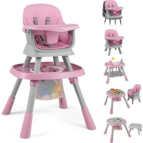 BABY JOY 16 in 1 High Chair, Convertible Baby Highchair for Babies and Toddlers with Activity Center, Booster Seat, Building Block Table, Toddler Chair with Safety Harness, Removable Tray (Pink)