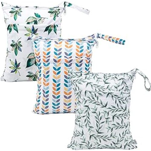 babygoal Wet Dry Bags for Baby Cloth Diapers, Washable Travel Bags, Beach, Pool, Gym Bag for Swimsuits & Wet Clothes with Two Zippered Pockets 3 Pack 3LN08