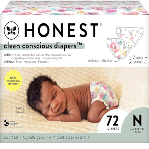 The Honest Company Clean Conscious Diapers for Sensitive Skin | Hypoallergenic, Fragrance Free | Girl Prints | Club Box, Size Newborn, 72 Count