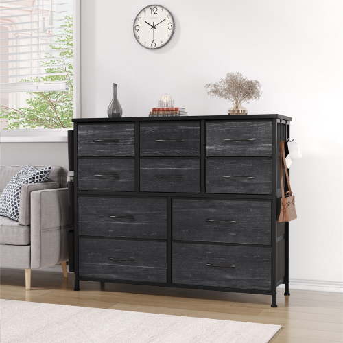 Homhougo Dresser for Bedroom with 10 Fabric Drawers, Chests of Drawers with Wood Top, Organizer Storage Cabinet with Side Pockets & Hooks for Entryway, Hallway, Closet, Nursery, Grey