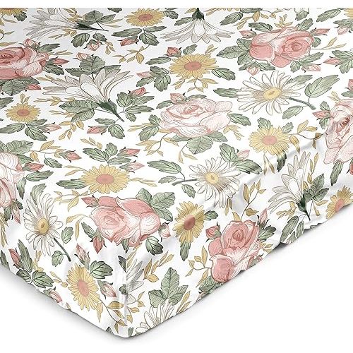 Sweet Jojo Designs Vintage Floral Boho Girl Baby Satin Fitted Crib Sheet Infant Newborn Nursery Toddler Bed Room Standard Mattress Blush Pink Yellow Bohemian Shabby Chic Farmhouse Sage Green White