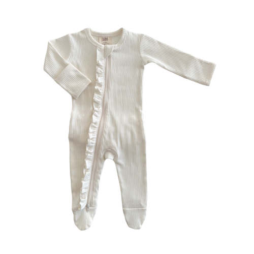 Ivory / Organic Ribbed Frill Zip Footie (0-3 months)