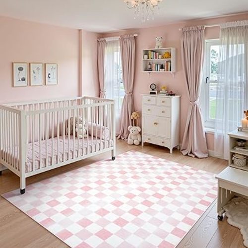 Seavish Ombre Checkered Rug, 5x7 Washable Pink Rugs for Bedroom Aesthetic, Low Pile Soft Non-Slip Modern Checkerboard Area Rug for Living Room Kids Room Nursery Playroom Dining Room