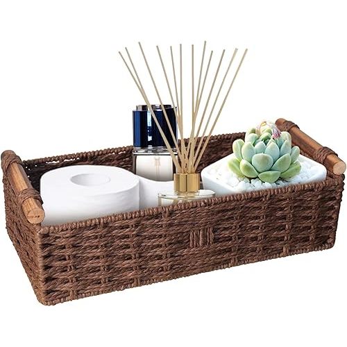 Round Paper Rope Storage Basket Wicker for Organizing with Handle, Decorative Bins Countertop Toilet Paper for Tank Top Small Set, Brown