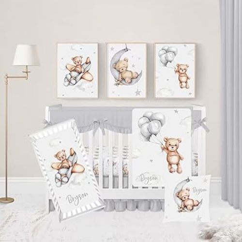 Custom Nursery Crib Bedding Set, Bear Theme Personalized Name Baby Bedding 3 Pcs Set - Fitted Sheet, Pillow Case, Blanket for Boys (Grey), Option