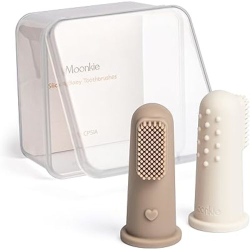 Moonkie Baby Toothbrush Finger Toothbrush Oral Cleaner Kit for 3 Months +, 2 Pcs Small (Warm Taupe/Ivory)