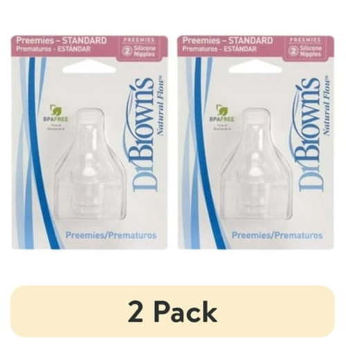 (2 pack) Dr. Brown's Natural Flow Preemie Flow Narrow Baby Bottle Silicone Nipple, Slowest Flow, 0m+, 100% Silicone Bottle Nipple, 2-Pack