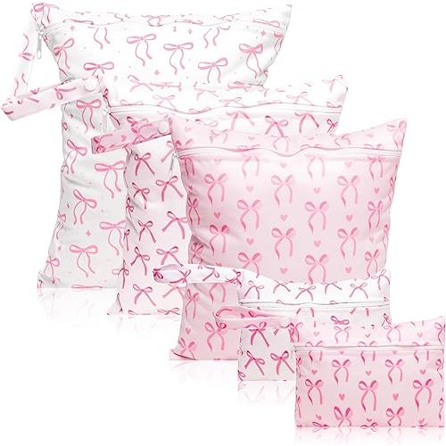 R HORSE 5Pcs Waterproof Baby Diaper Bag, Cute Coquette Pink Bow Wet Dry Bag with Handle Zipper Toiletry Organizing Pouches for Cloth Diapers Swimsuits Travel Beach Pool Essentials for Boys Girls