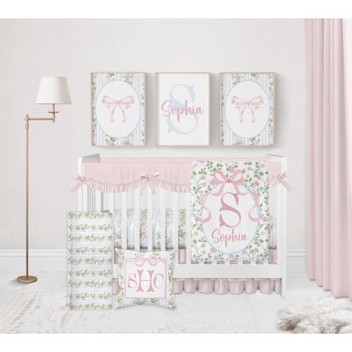 Baby Girl Crib Bedding Set, Pink and Blue Baby Bedding, Baby Girl Bedding Set, Bow Baby Bedding Crib Sets, Pink Grandmillenial Nursery Decor