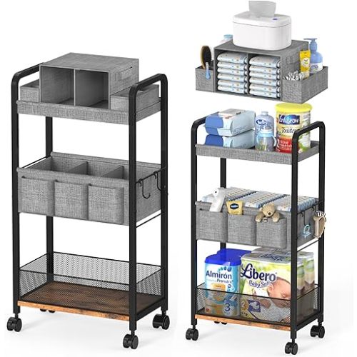 2In1 Baby Diaper Caddy & 3-Tier Rolling Diaper Cart, Caddy Organizer Cart with Dividers, Mobile Metal Bedside Carts for Baby Essentials, Rolling Carts for Newborn Nursery with Wheels, Large Capacity
