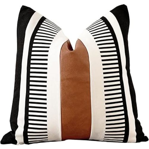 Farmhouse Decorative Throw Pillow Cover for Sofa Couch Accent Faux Leather Square Cushion Cover Tribal Stripe Boho Pillow Case 18 x 18 Inch,Black