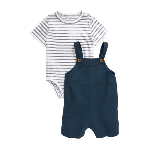 Baby Cotton Bodysuit & Shortalls Set, 18M, Navy Midnight- White Stripe