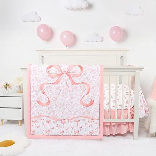 Crib Bedding Set for Baby Girls and Boys, 4 Piece Infant Nursery Bedding Sets, Baby Comforter Set for Crib, Pink Nursery Bed Set, Pink Bow | Reversible comforter, Breathable, Soft
