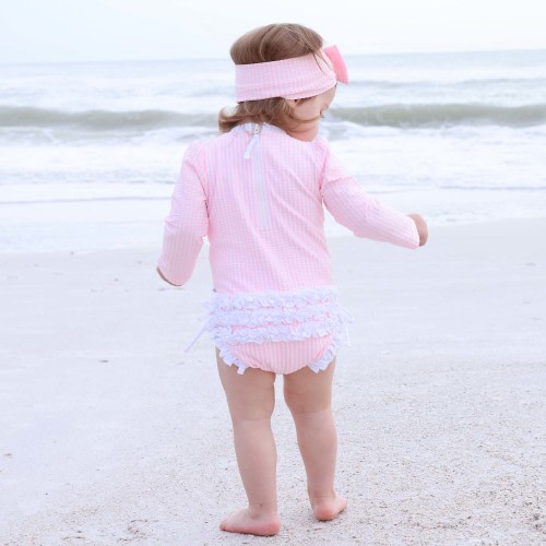 Long Sleeve Rash Guard With Ruffle Bottom | Seersucker Pink / 6-12 OR 18/24M