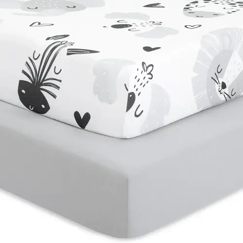 Evolur Zoo Love - Juego de 2 sábanas para cuna, sábana bajera ajustable para cuna estándar y colchón para niños pequeños, sábana de colchón suave y transpirable para cuna
