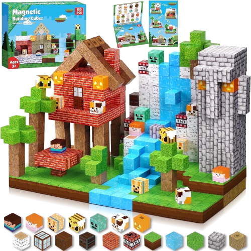 Annexfun 150PCS Magnetic Blocks - Magnetic Building Blocks, Magnet Cubes Toys Stacking, Build Forest World Set, STEM Montessori Sensory Toys for Kids Boys Girls Ages 3-5 6-8 Easter Birthday Gifts