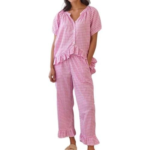 Womens Gingham Pajama Set 2 Piece Short Sleeve Babydoll Shirt and Pants Lounge Set Cute Sleepwear