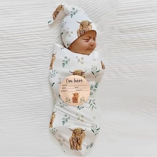Ylsteed Highland Cow Baby Swaddle Blanket and Headband Set, Newborn Receiving Blanket Swaddle Wrap for Girls and Boys, Swaddling Blanket Neutral for Newborn，Soft and Skin-Friendly （Highland Cow）