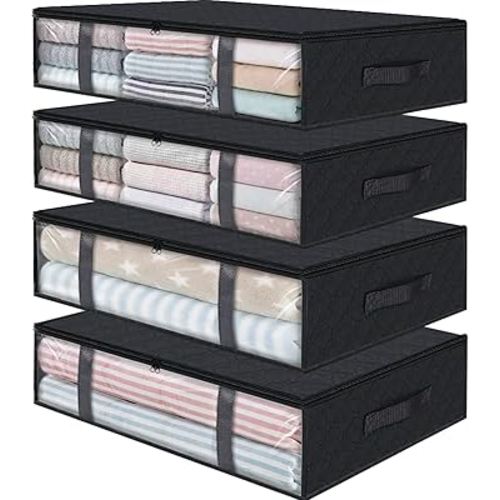 StorageRight Storage Bins Clothes Storage, Foldable Blanket Storage Bags, Under Bed Storage Containers for Organizing, Clothing, Bedroom, Comforter, Closet, Dorm, Quilts, Organizer, 4-Pack Black