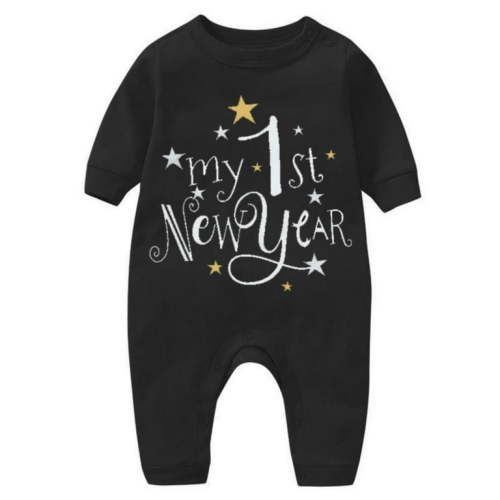 Otqutp Chinese Calendar New Year Bodysuits My First New Year Baby Boys Girls Long Sleeve Outfits Letter Print Romper Jumpsuit Headband Outfits Set(Black-A,6-9 Months)