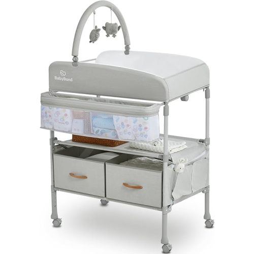 Portable Baby Changing Table with 2 Storage Baskets, BabyBond Foldable Changing Table Dresser Waterproof Diaper Changing Table Height Adjustable Changing Station for Infant and Newborn(Beige)