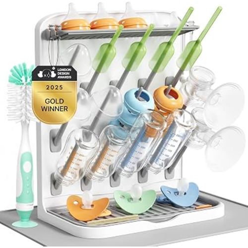 Lifewit 15 Hooks Baby Bottle Drying Rack with Drain Mat & Brushes, Newborn Essentials Must Haves, Countertop Holder Organizer for Baby Stuff, Rack Dryer for Pacifiers, Weighted Straws, Pump Parts
