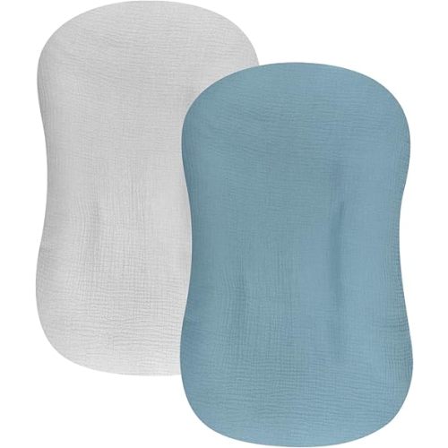 Hooyax Muslin Baby Lounger Cover 2 Pack, Organic Cotton Removable Slipcover for Newborn,Baby Padded Lounger Infant Floor Seat Cover for Boys Girls (Blue Gray)