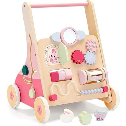PairPear Wooden Baby Walker Push and Pull Learning Activity Walker, 8-in-1 Montessori Busy Board Push Walker Wooden Activity Center Toys for Boys and Girls 12m+ (Pink Rabbit)