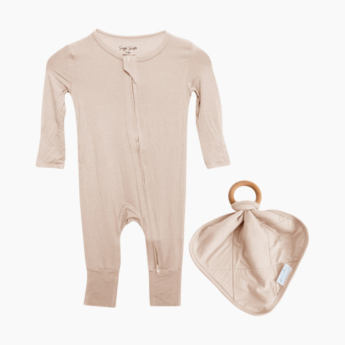 Snuggle Shield LUXE Bamboo Romper and Lovey Teether Set - Tan Sand, 6-12 M