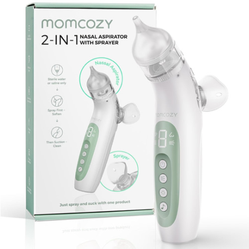 Momcozy Nasal Aspirator for Baby, Innovative 2-in-1 Electric Nose Suction with Spray, 65kPa Nose Sucker with 4 Adjustable Suction Levels,Portable Electric Nose Cleaner,Light & Music Soothing Functions