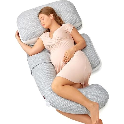 Momcozy G Shaped Pregnancy Pillow, Original Detachable Maternity Pillow with Flexible Belly Wedge Pillow for Pregnant Women, Full Body Support Pillows with Air Layer Cover, Grey and White