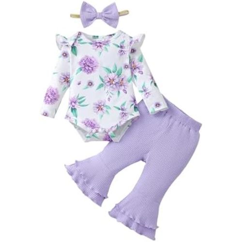 SUNNY PIGGY Baby Girl Clothes Ruffle Short Sleeve Romper Long Pants Set with Headband Newborn Infant Outfits