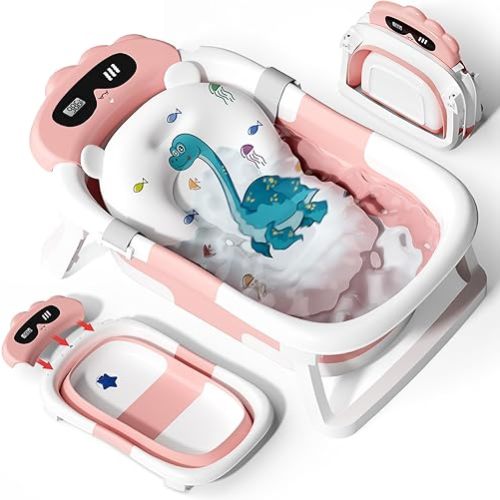 AVIDOR Baby Bathtub,Collapsible Bathtub for Newborn to Toddler,Durable Essential Infant Bath Tub,Portable Travel Baby Tub with Soft Bath Net,No-Slip Feet and Dinosaur Shaped (Pink)