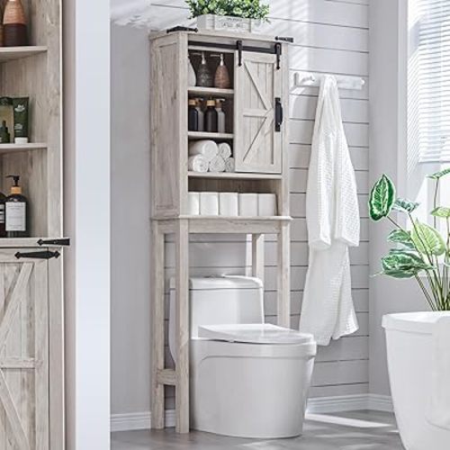 OKD Over The Toilet Storage Cabinet, Farmhouse Storage Cabinet Over Toilet with Sliding Barn Door & Adjustable Shelves, Home Space Saver for Bathroom, Living Room, Antique Brush White