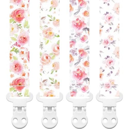 Baby Pacifier Clip Holder - Girl 4 Pack Gift Set – Vintage Rose Flowers Floral Pink, Coral, Green, Gray, Blush