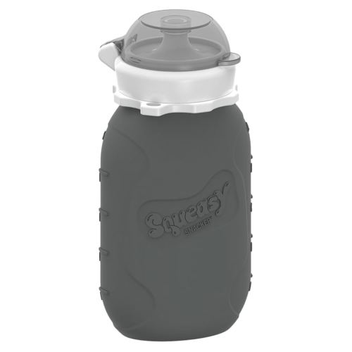 Grey 6 oz Squeasy Snacker Spill Proof Silicone Reusable Food Pouch - for Both Soft Foods and Liquids - Water, Apple Sauce, Yogurt, Smoothies, Baby Food - Dishwasher Safe