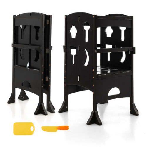 Folding Wooden Step Stool With Lockable Safety Rail for Toddler 3+-Coffee