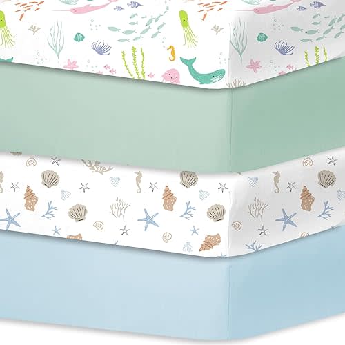 Bimocosy Crib Sheets for Baby Girl Boy, Fitted Sheets for Standard Crib and Toddler Mattresses, Super Soft Breathable Microfiber Crib Mattress Sheet 28"x 52", Ocean World/Shell/Blue/Green